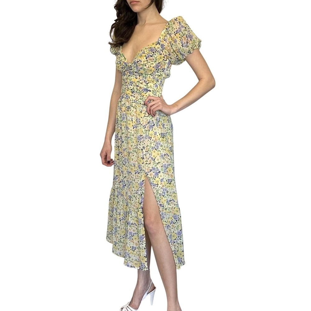 ASTR The Label Dress Womens‎ XS Yellow Floral Puff Sleeve Sweetheart Ruched Midi